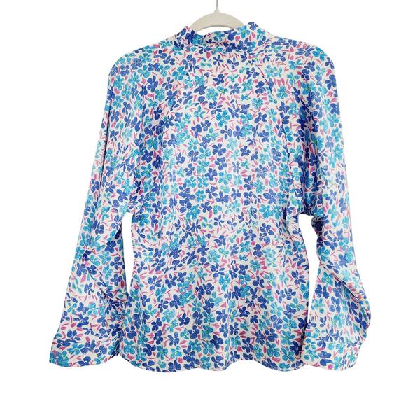 Zara Blue & Purple Floral Printed Long Sleeve Top Bow Neck Tie Size Medium - Picture 2 of 8